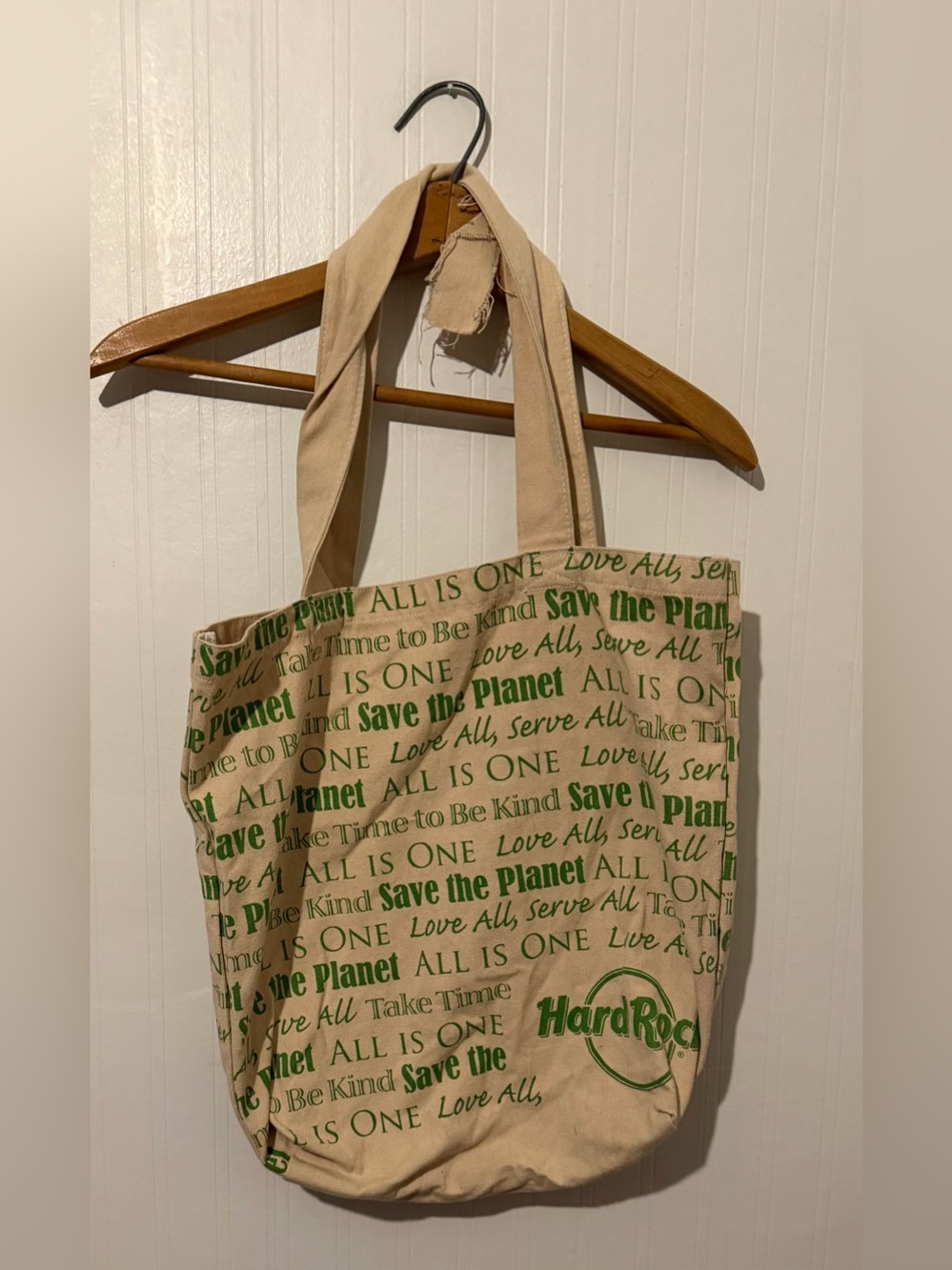Hard Rock Cafe Natural Canvas Tote with Green Text Print